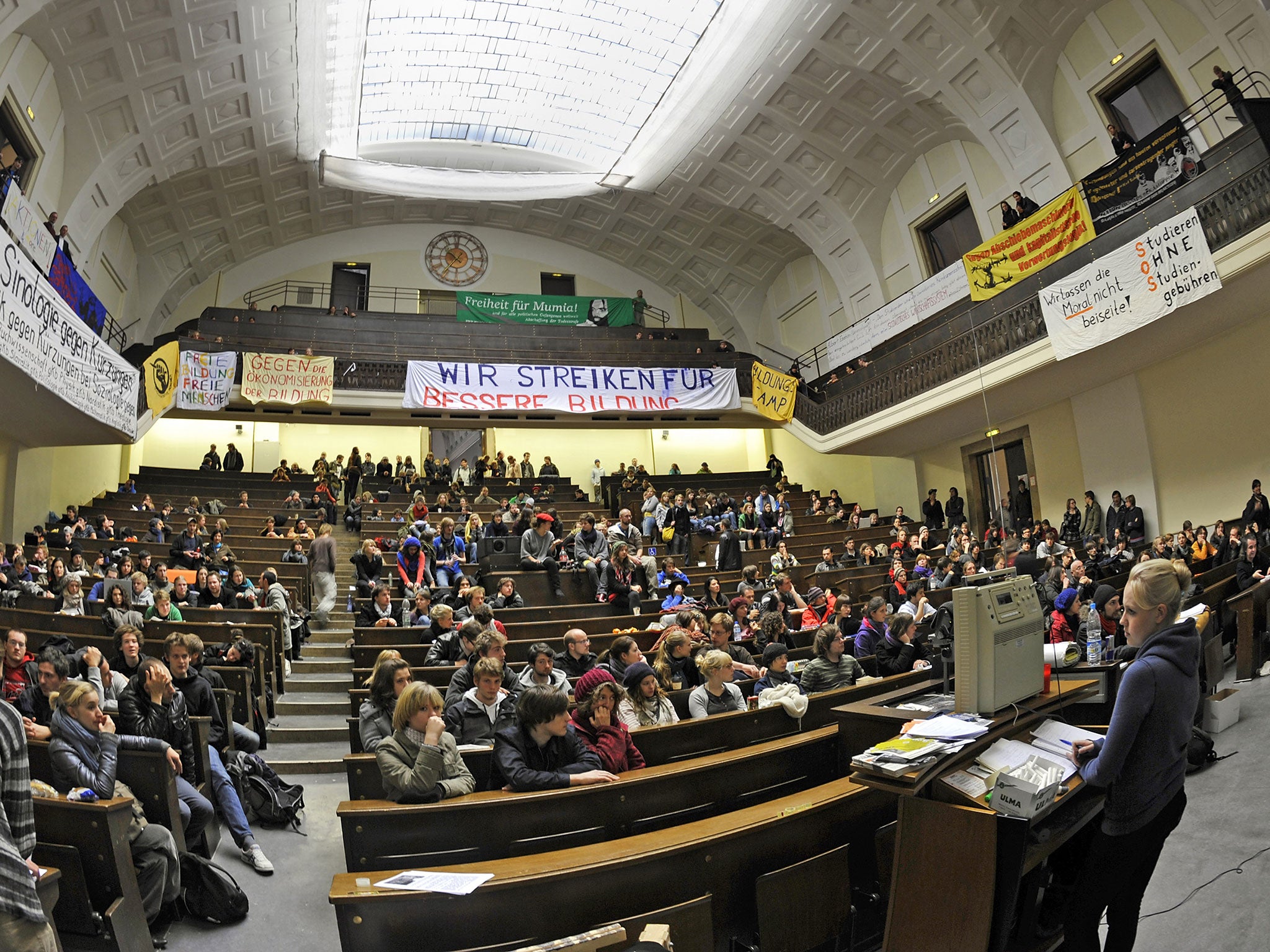 Students occupy a lecture room at the Ludwig-Maximilian University in Munich