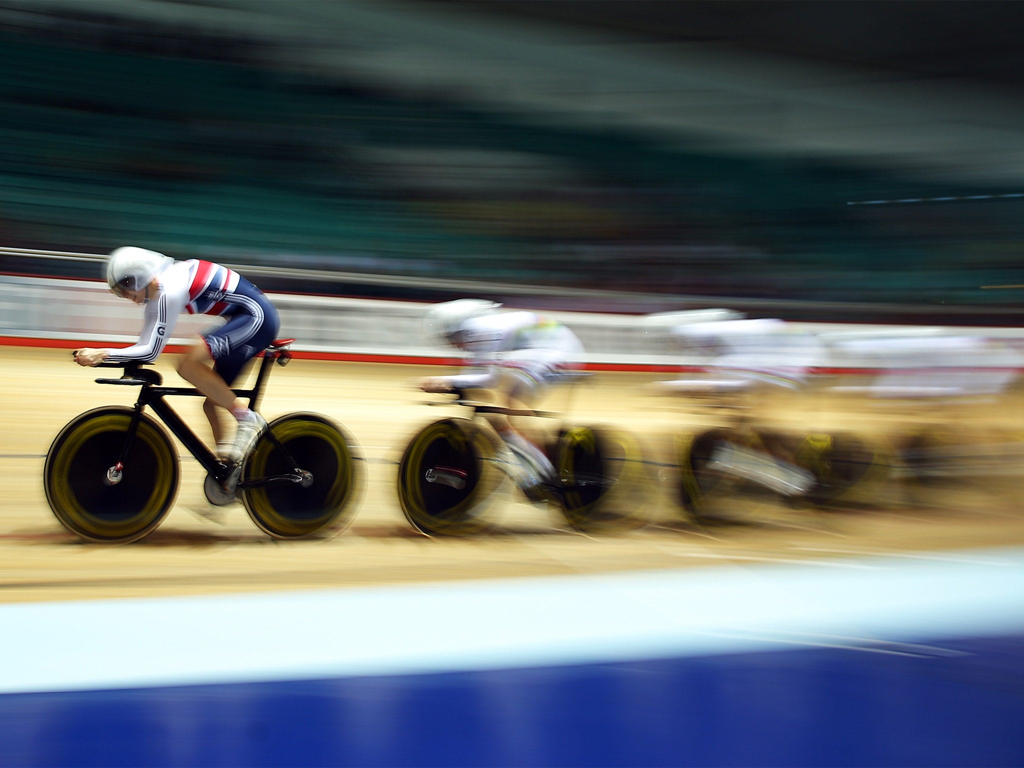 Joanna Rowsell leads the British team to a new world-record time in the qualifying round for the women’s team pursuit at the 2013 Track Cycling World Cup in Manchester