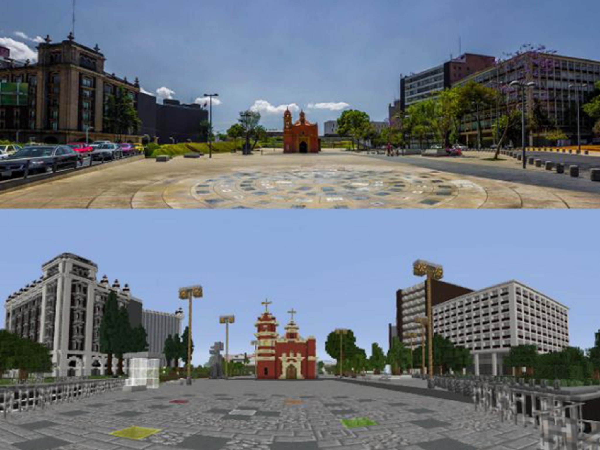 Another brick in the wall: Plaza Tlaxcoaque, a square in central Mexico City (top) and children’s efforts to redesign it on Minecraft