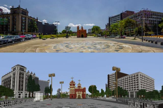 Another brick in the wall: Plaza Tlaxcoaque, a square in central Mexico City (top) and children’s efforts to redesign it on Minecraft
