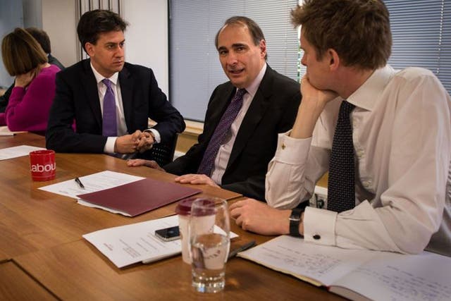 Yes we can: David Axelrod, centre, tries out his campaign slogans on Ed Miliband and Tristram Hunt