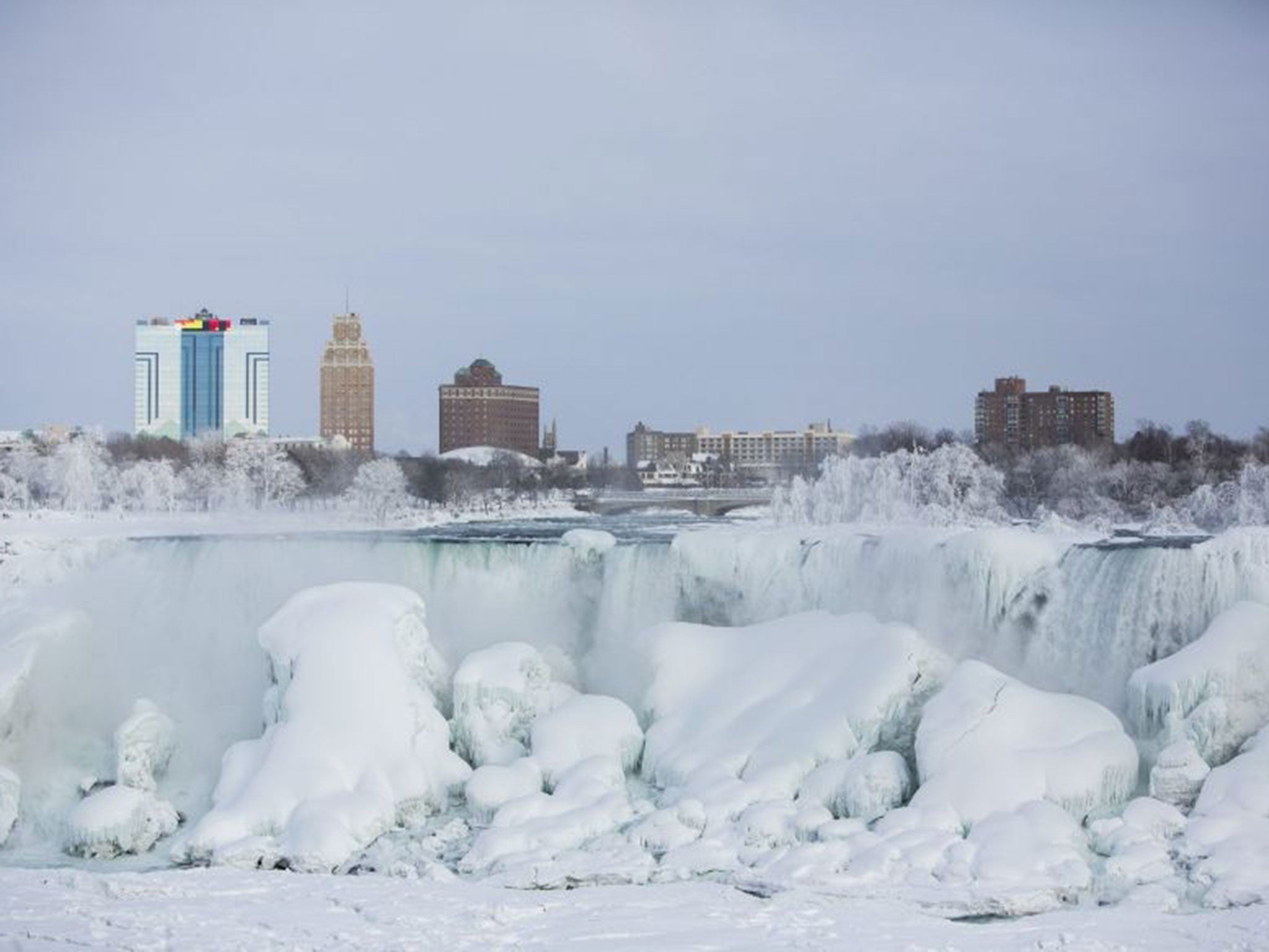 A partially frozen Falls in sub freezing temperatures is seen in Niagara Falls