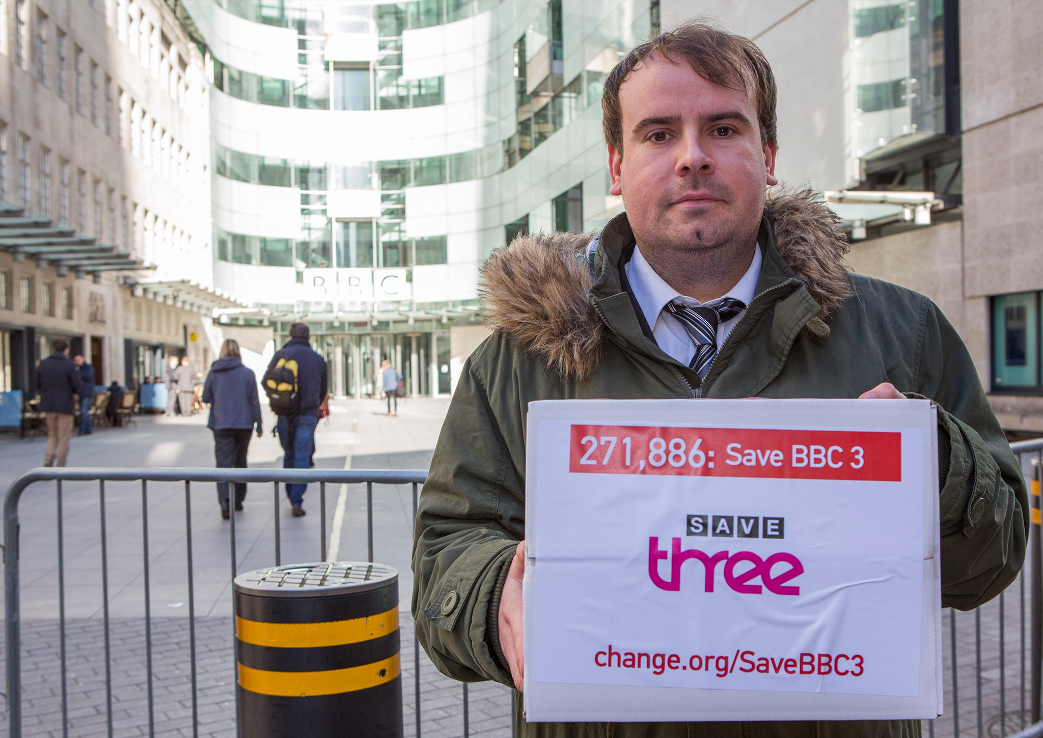 The author outside the BBC handing in his petition to save BBC Three