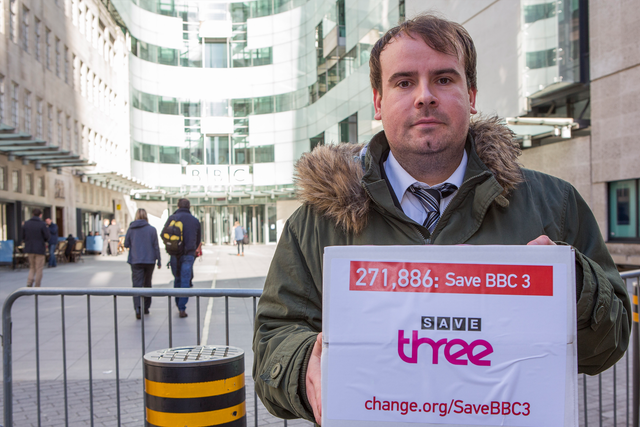 The author outside the BBC handing in his petition to save BBC Three
