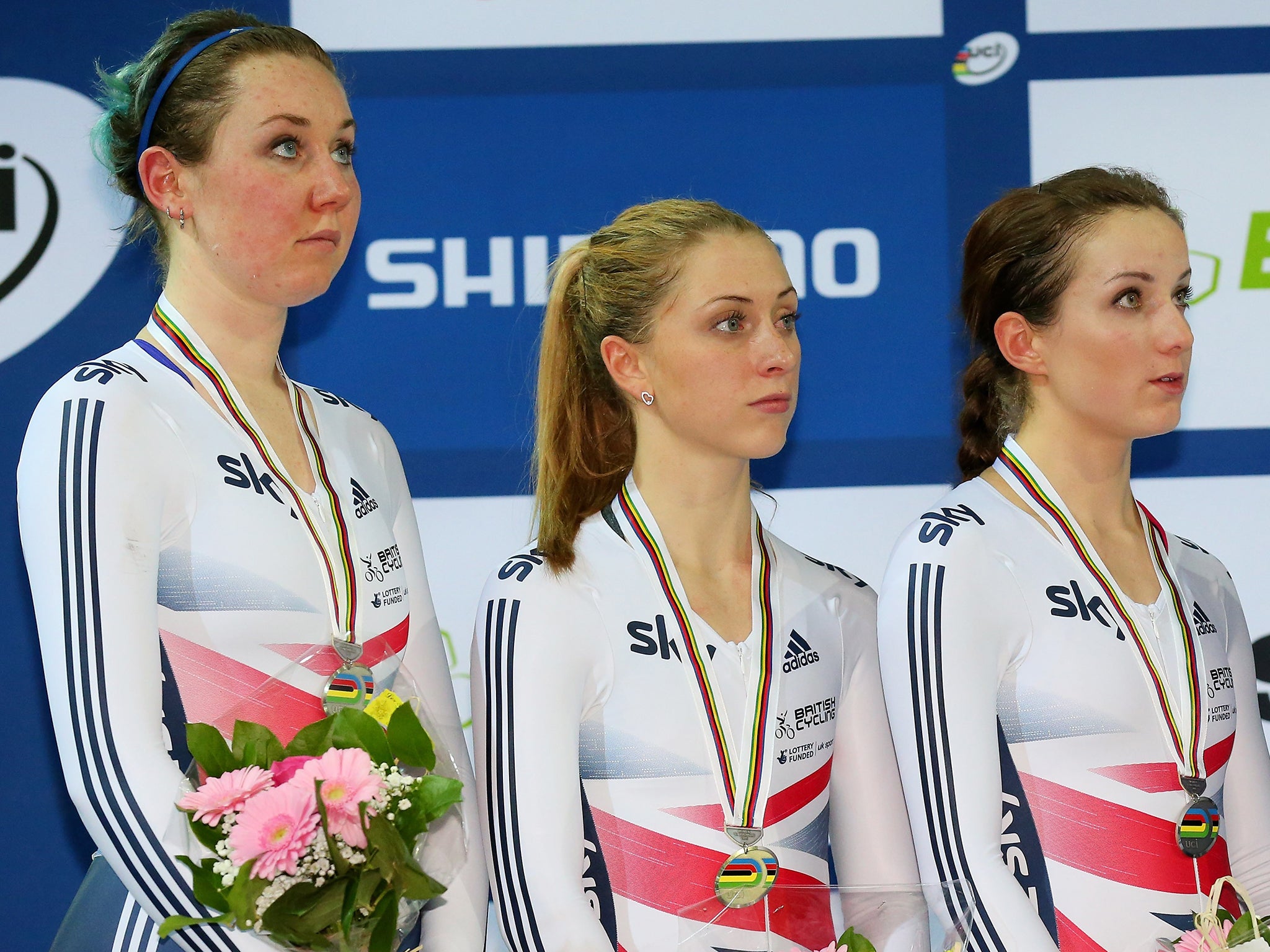 Laura Trott (centre) had previously been unbeaten in the event