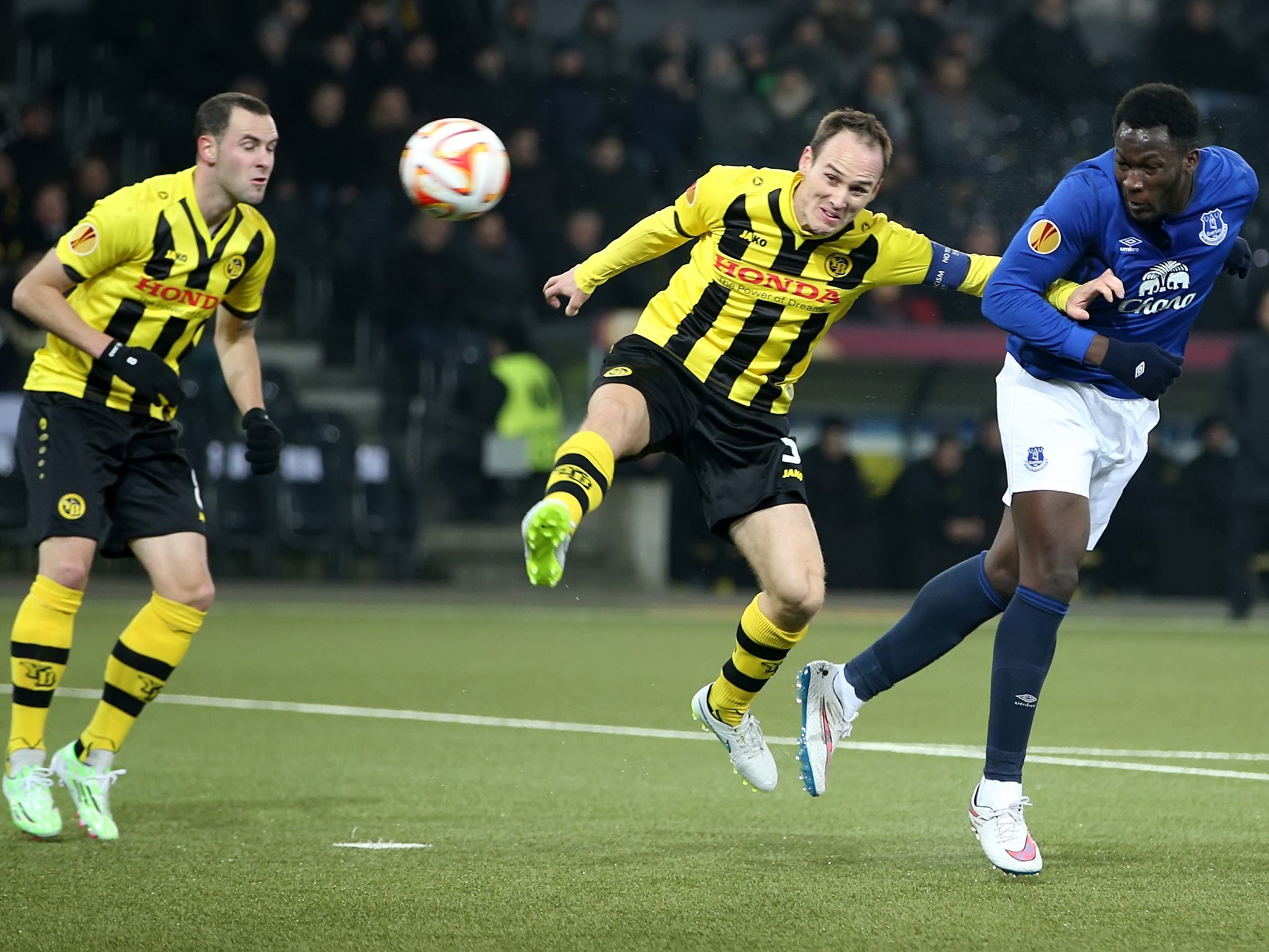 Romelu Lukaku heads home Everton’s equaliser against Young Boys last night