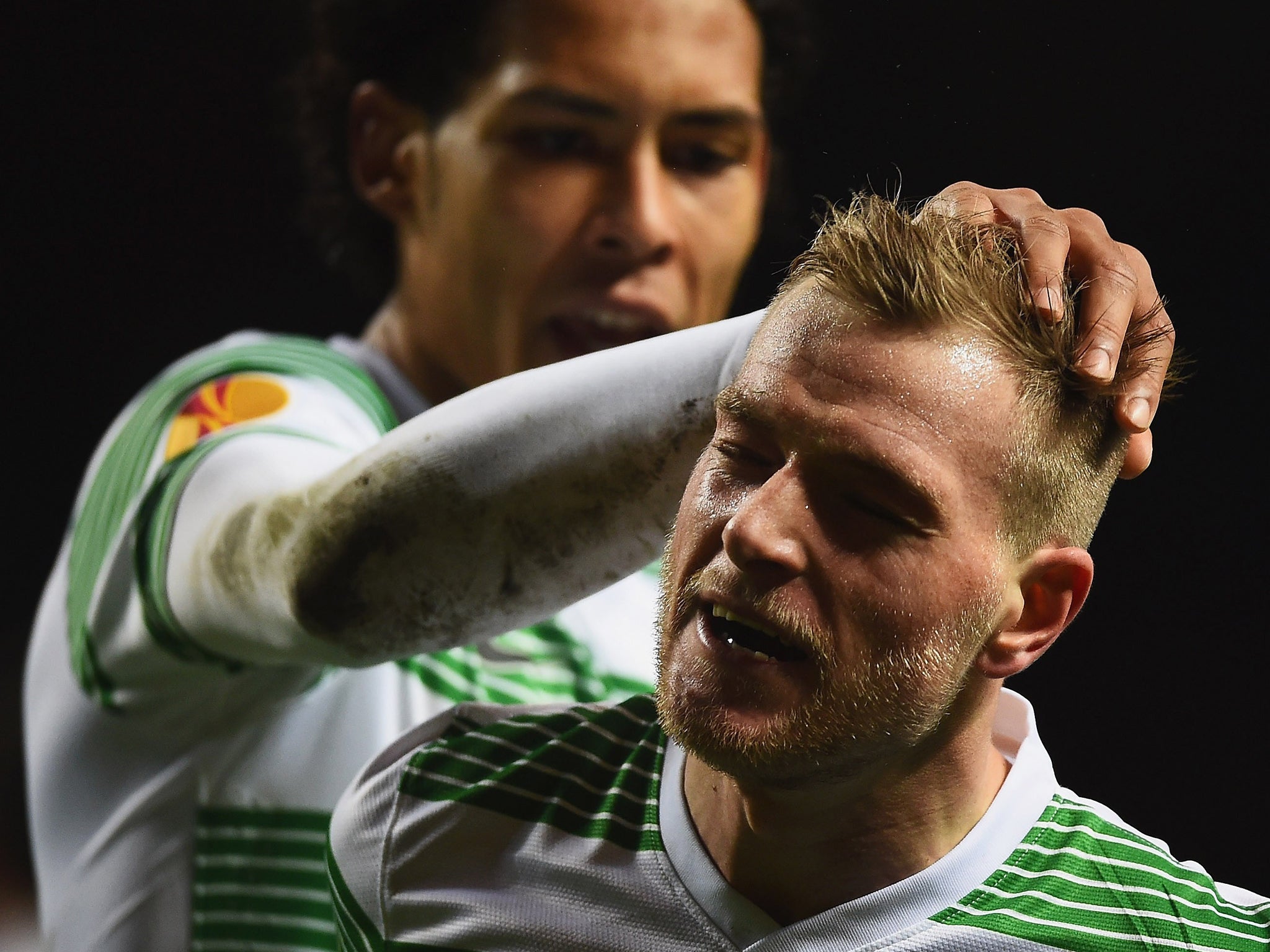 Celtic’s substitute John Guidetti is congratulated after earning his team a draw