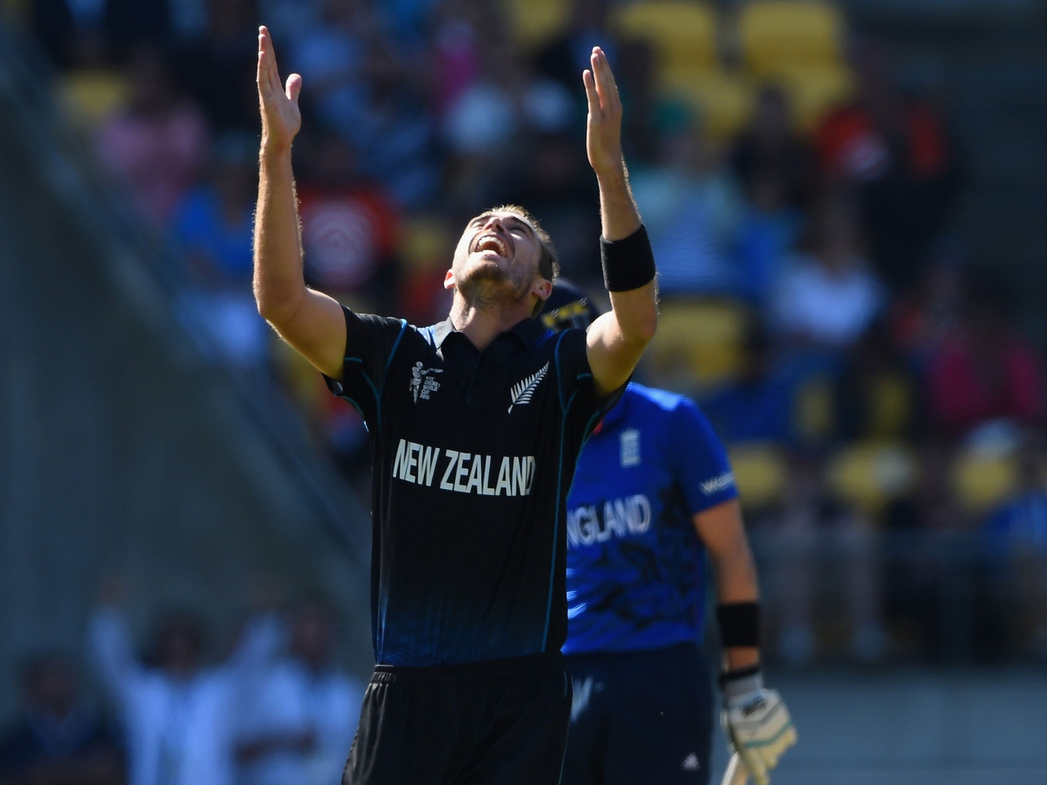 Southee celebrates the dismissal of Finn as he picked up seven wickets for 33