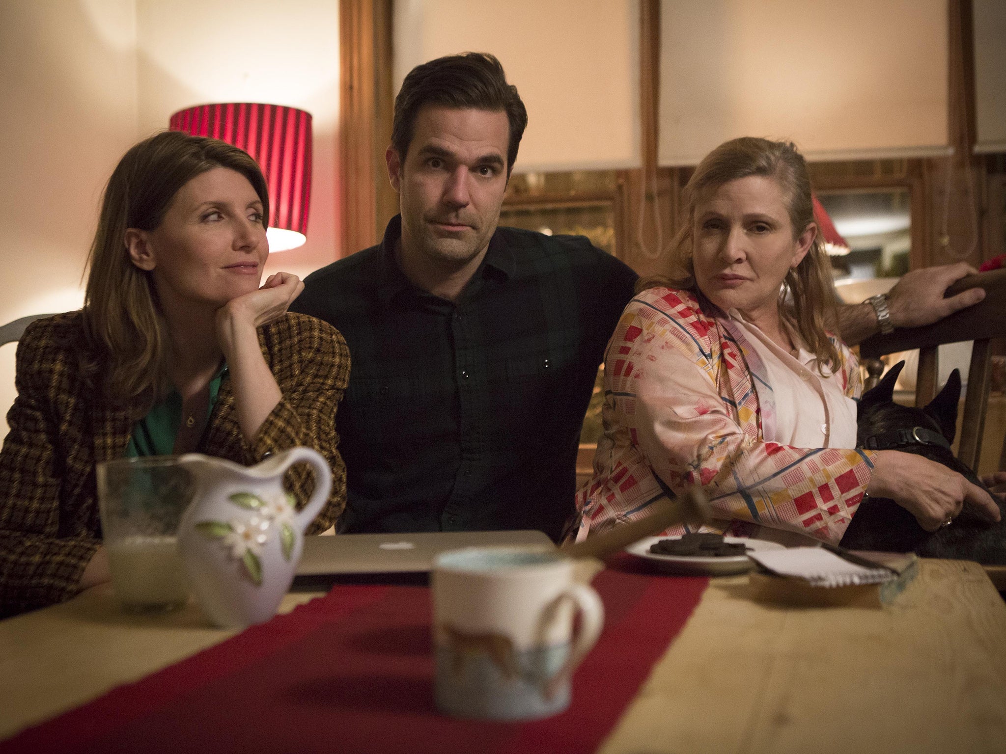 We are family: writer/stars Sharon Horgan and Rob Delaney with Carrie Fisher (right) in ‘Catastrophe’