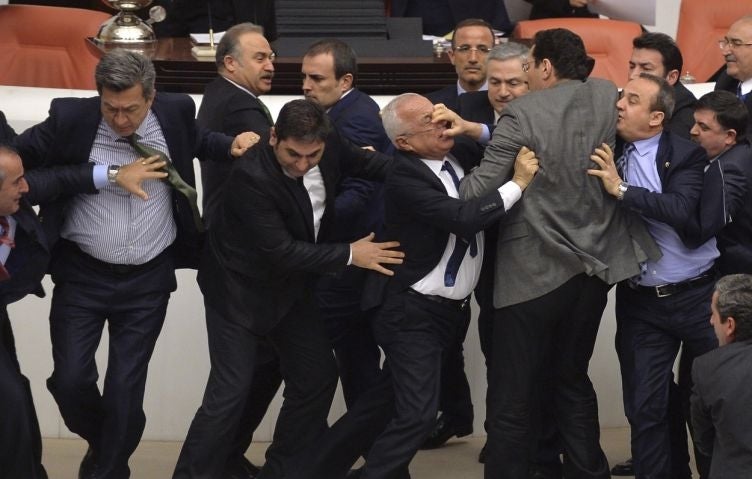MPs from the main opposition Republican People's Party (CHP) and ruling AK Party (R) scuffle