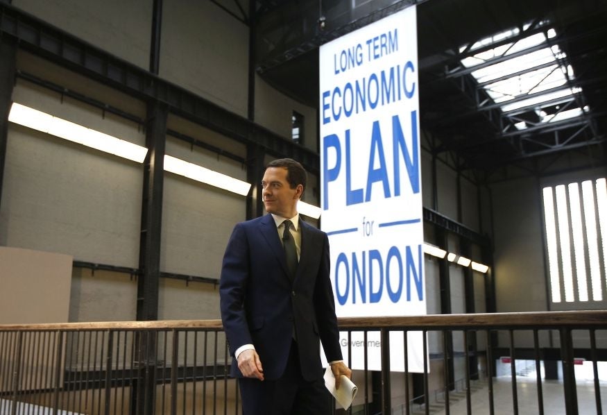 Britain's Chancellor of the Exchequer, George Osborne, leaves after announcing with London Mayor Boris Johnson, their Long Term Economic Plan for London, at the Tate Modern