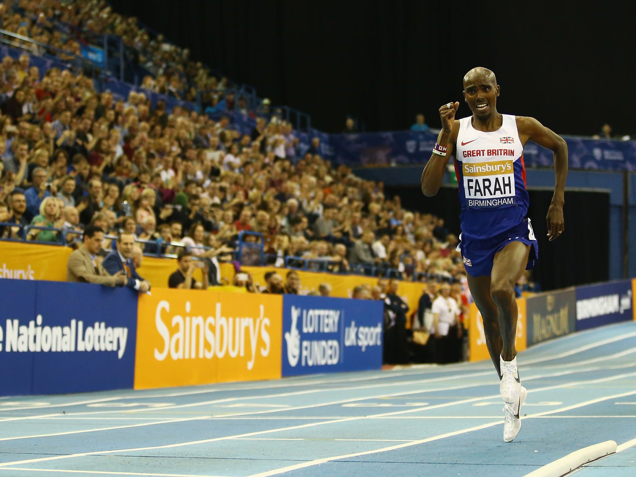 Farah broke the indoor two mile record in 8mins 3.40s