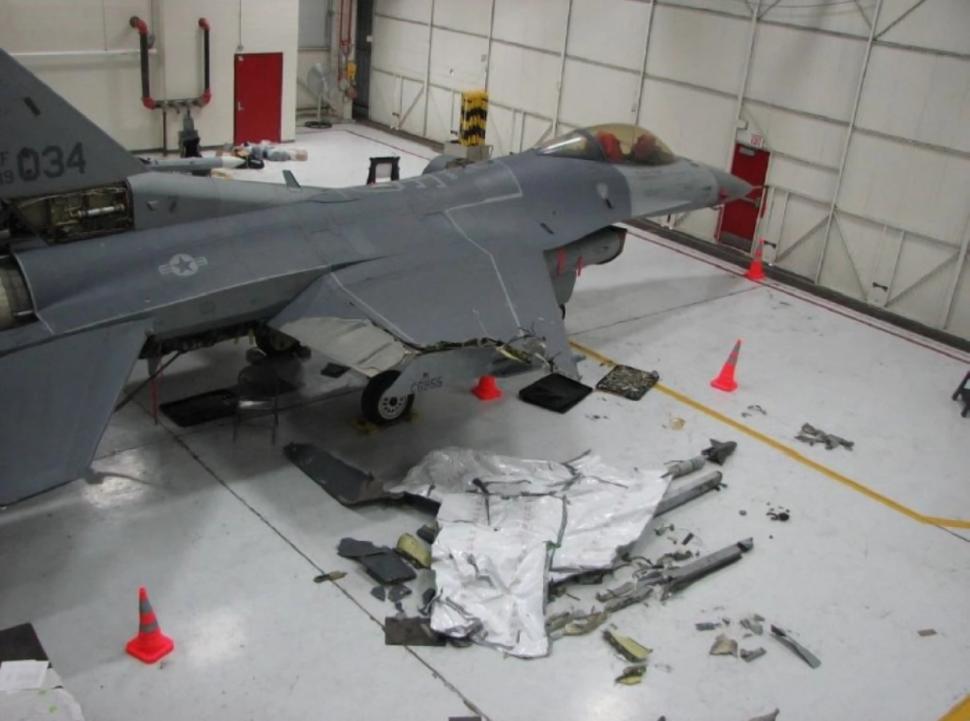 The student's F16 jet had five feet shorn off the right wing in the crash.