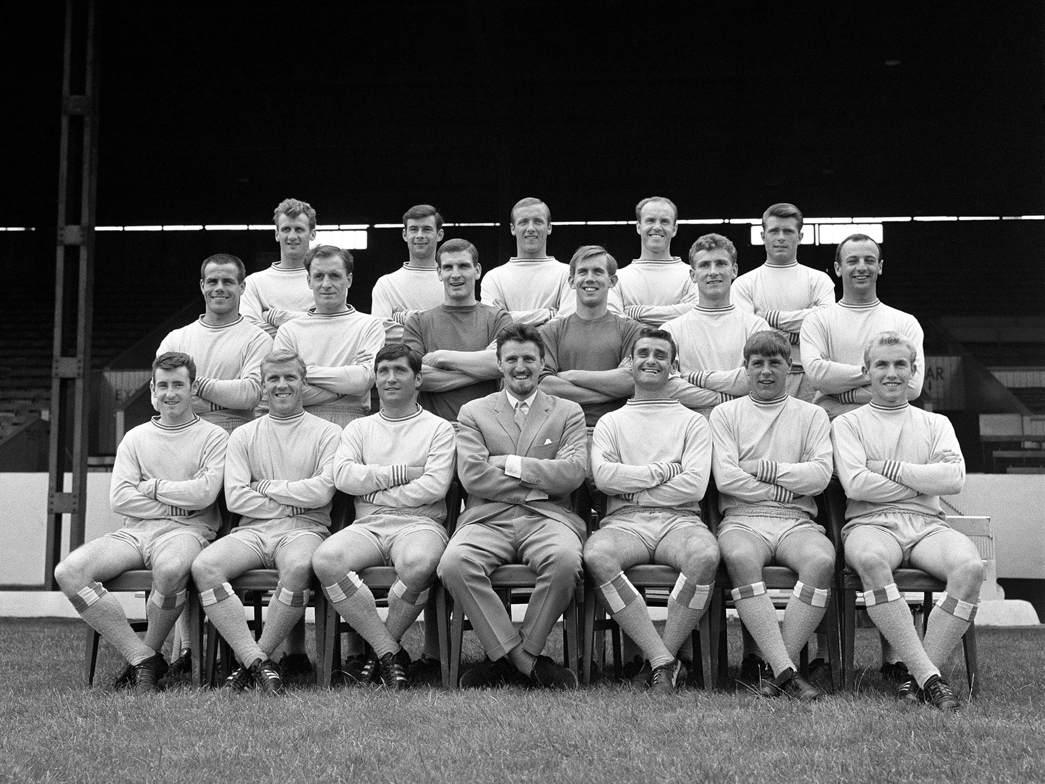 Coventry City Football Club, back row, left to right; Brian Hill, John Mitten, Alan Harris, Ron Farmer and Dietmar Bruck. Middle row; George Curtis, Kenneth Keyworth, Bob Wesson, Bill Glazier, Mick Kearns, and John Sillett. Front row; Ronald Rees, Ken Hal