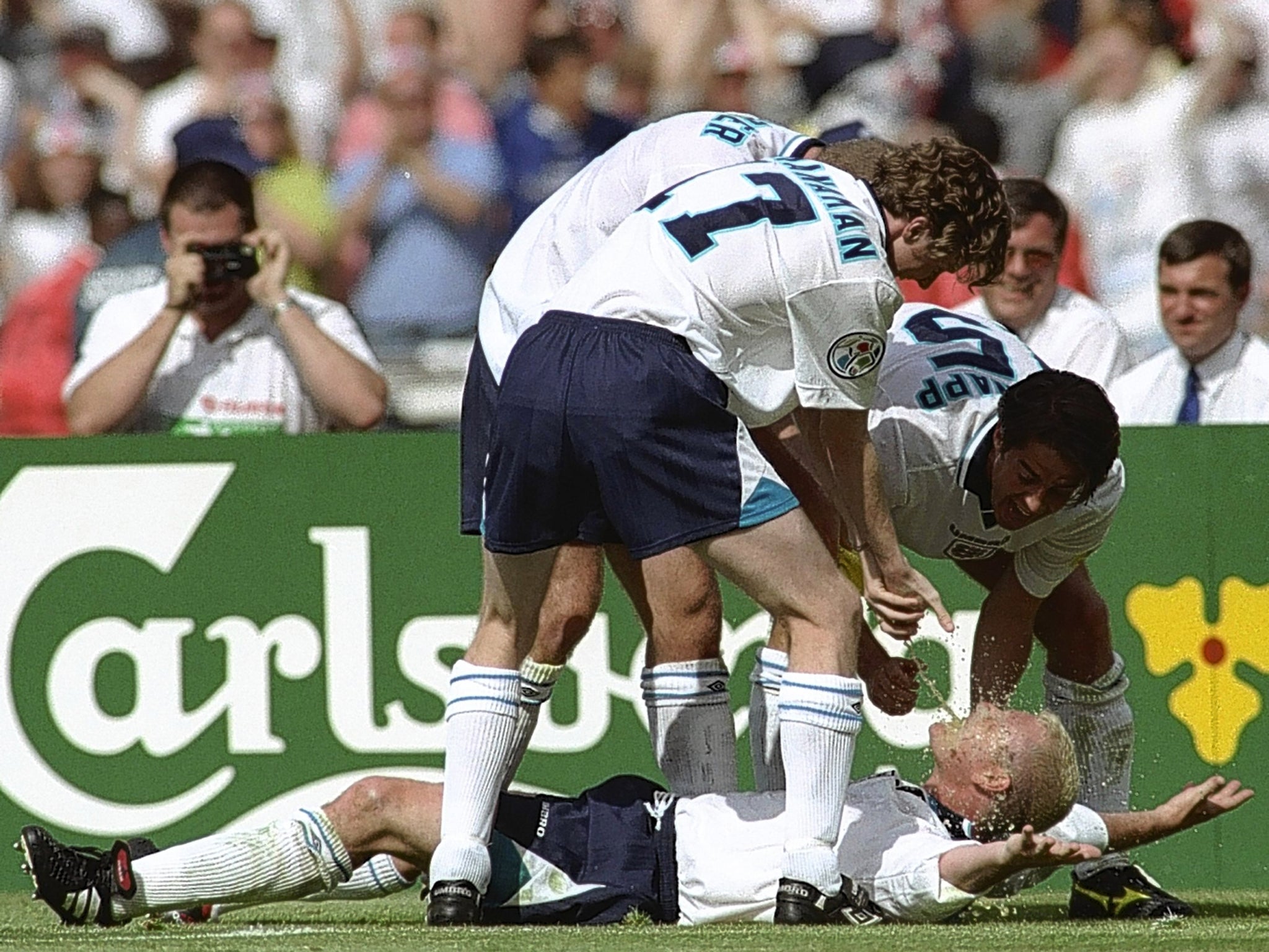 Paul Gascoigne celebrates his wonder goal against Scotland at Euro 96