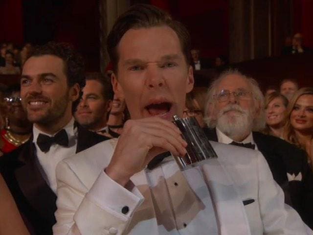 Benedict Cumberbatch sipping hip flask during Neil Patrick Harris' opening song