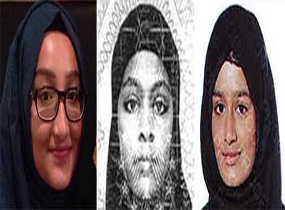 Kazida Sultana, Amira Abase, and Shamima Begum (left to right)