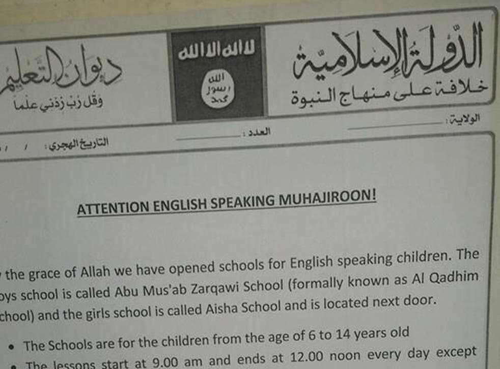 The Isis flier, claiming that two English-language schools have been opened in its 'capital' Raqqa