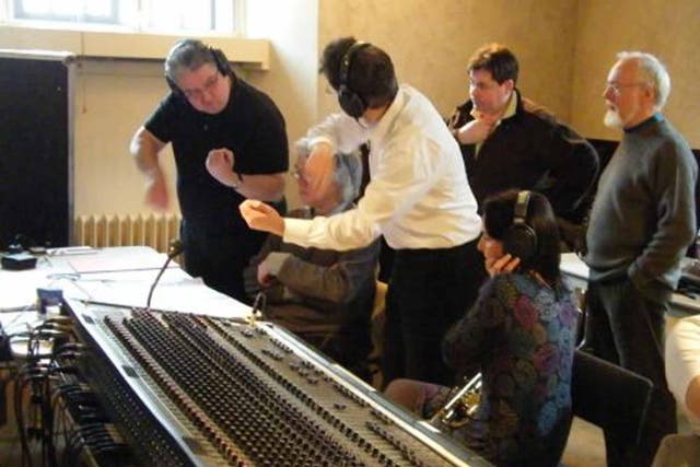 McCabe, far right, oversees a session to record his 'Rainforest II', at the Henry Wood Hall in London
