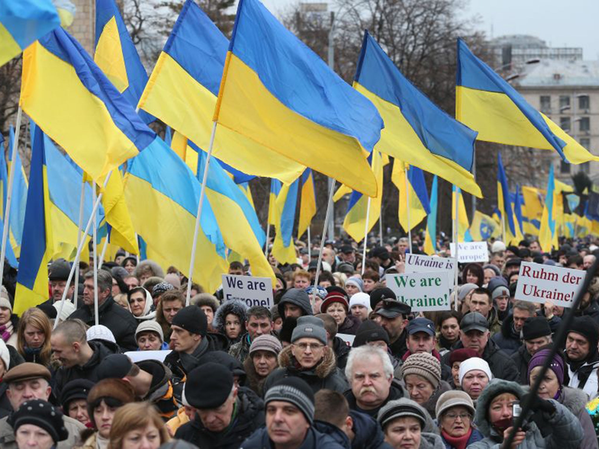 People participate in the "March of Diginity" to mark the first anniversary of the revolution that led to the ousting of Ukrainian President Viktor Yanukovich last year
