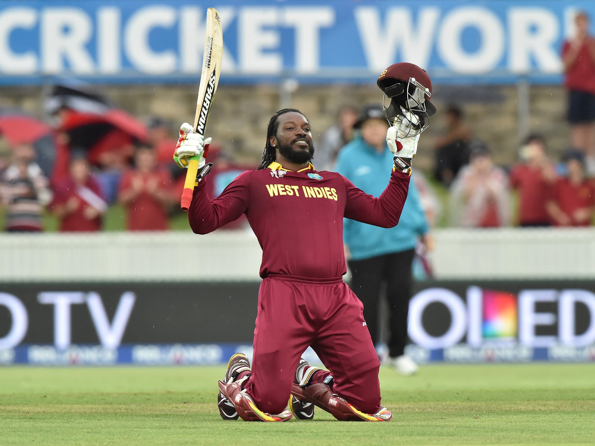 Chris Gayle celebrates after reaching his double century