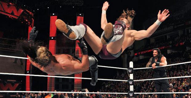 Daniel Bryan kicks Seth Rollins to earn the victory