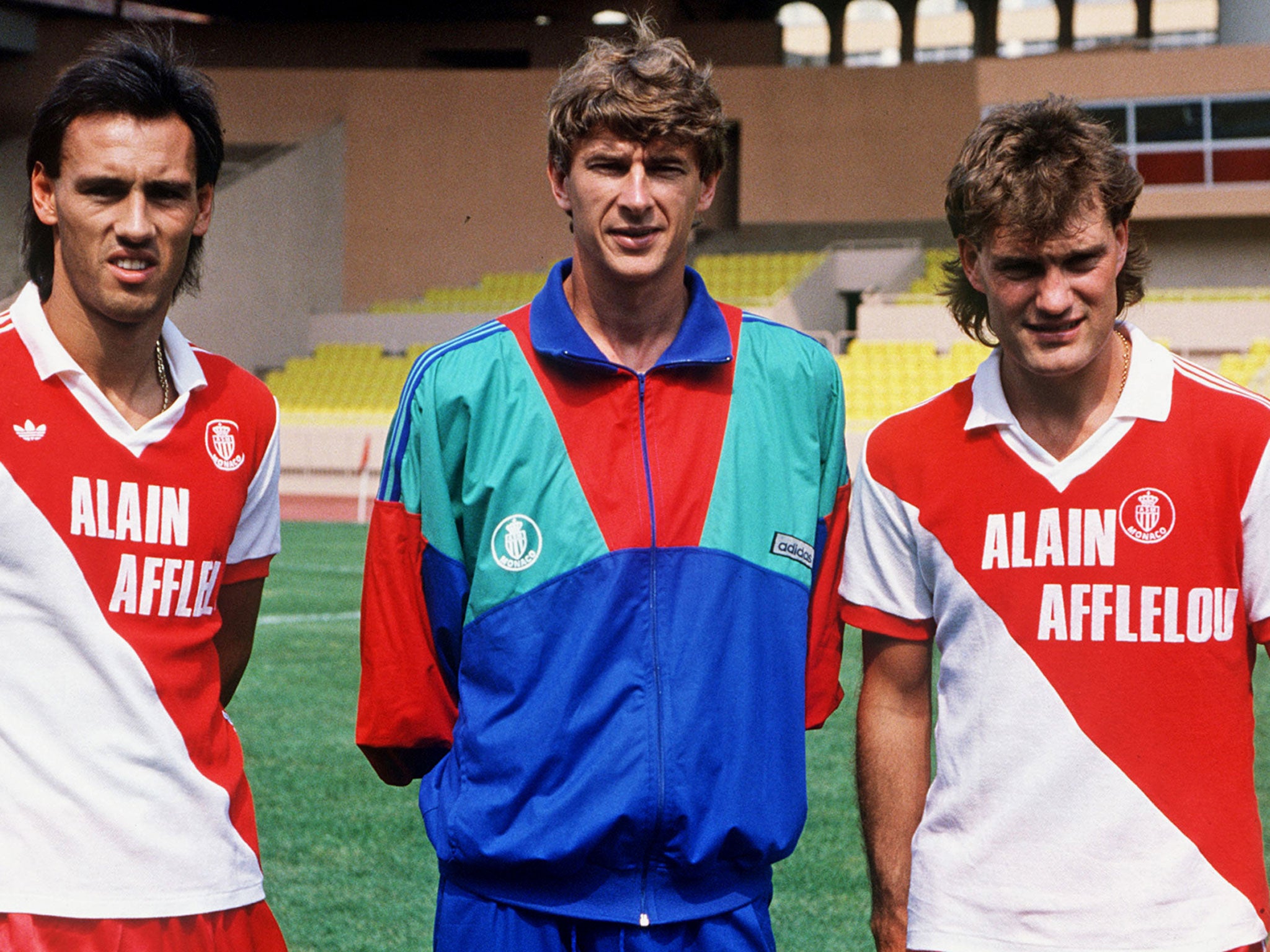 Arsène Wenger (centre) with new signings Mark Hateley (left) and Glenn Hoddle (right) soon after his arrival as Monaco coach in 1987