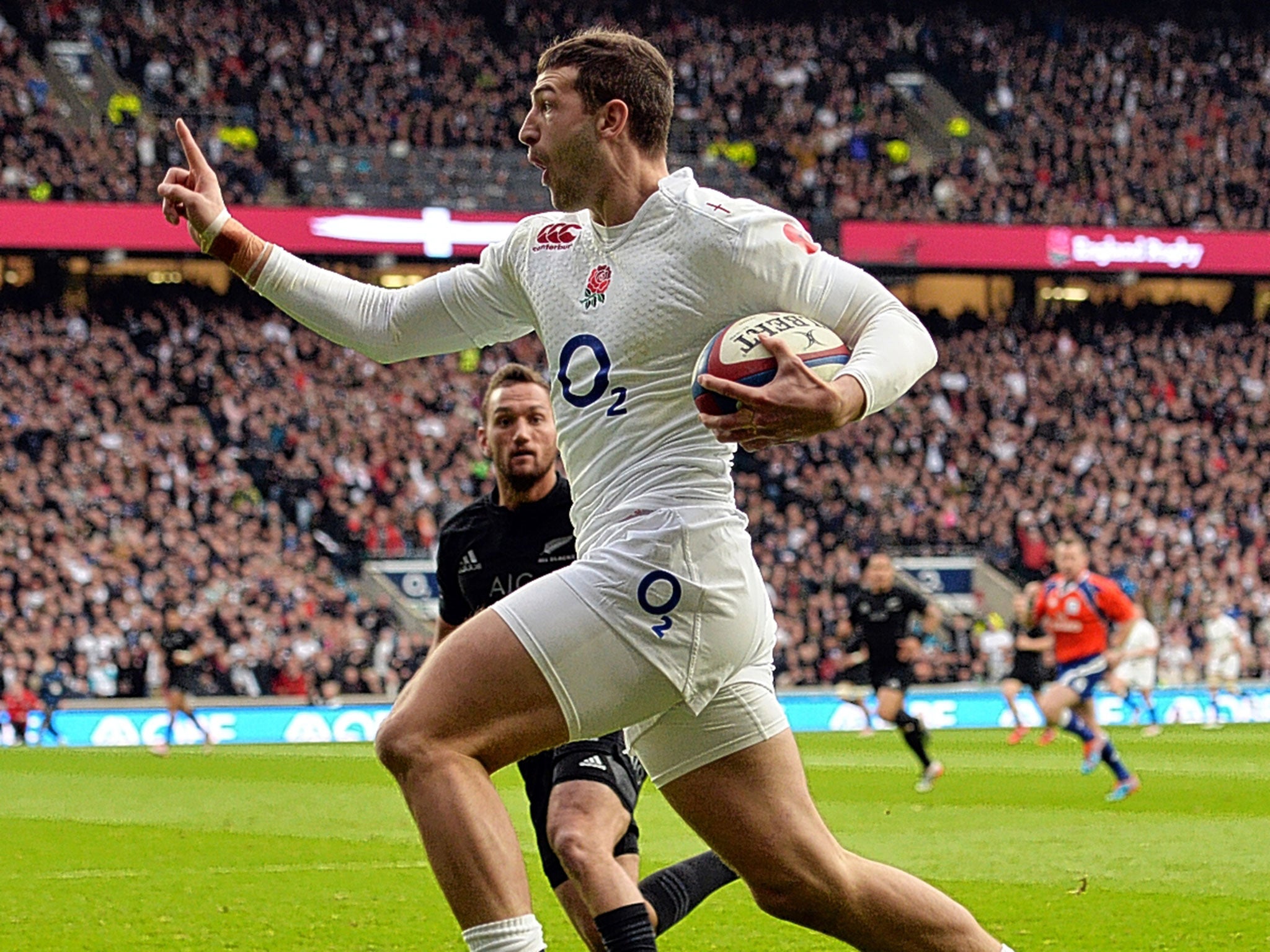 England wing Jonny May scores the opening try against New Zealand at Twickenham in November