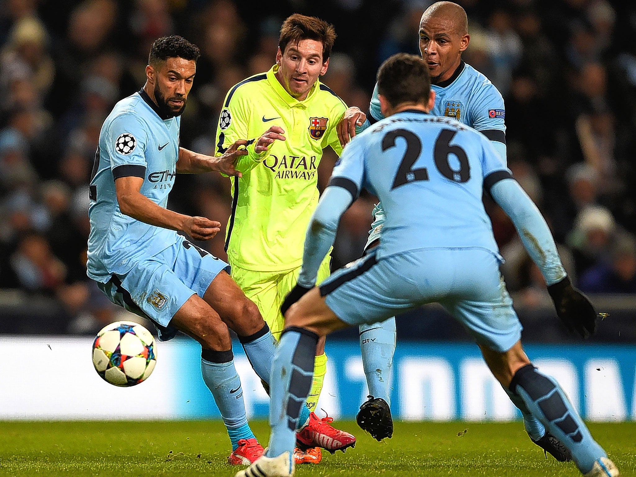 City take no chances, with three players keeping a watch on Barcelona’s Lionel Messi tonight