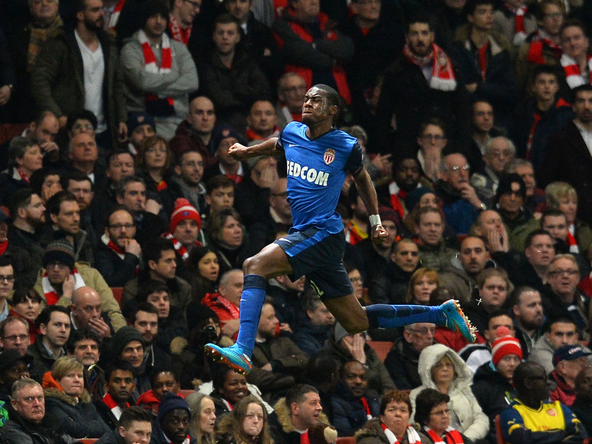 Geoffrey Kondogbia celebrates putting Monaco ahead against Arsenal