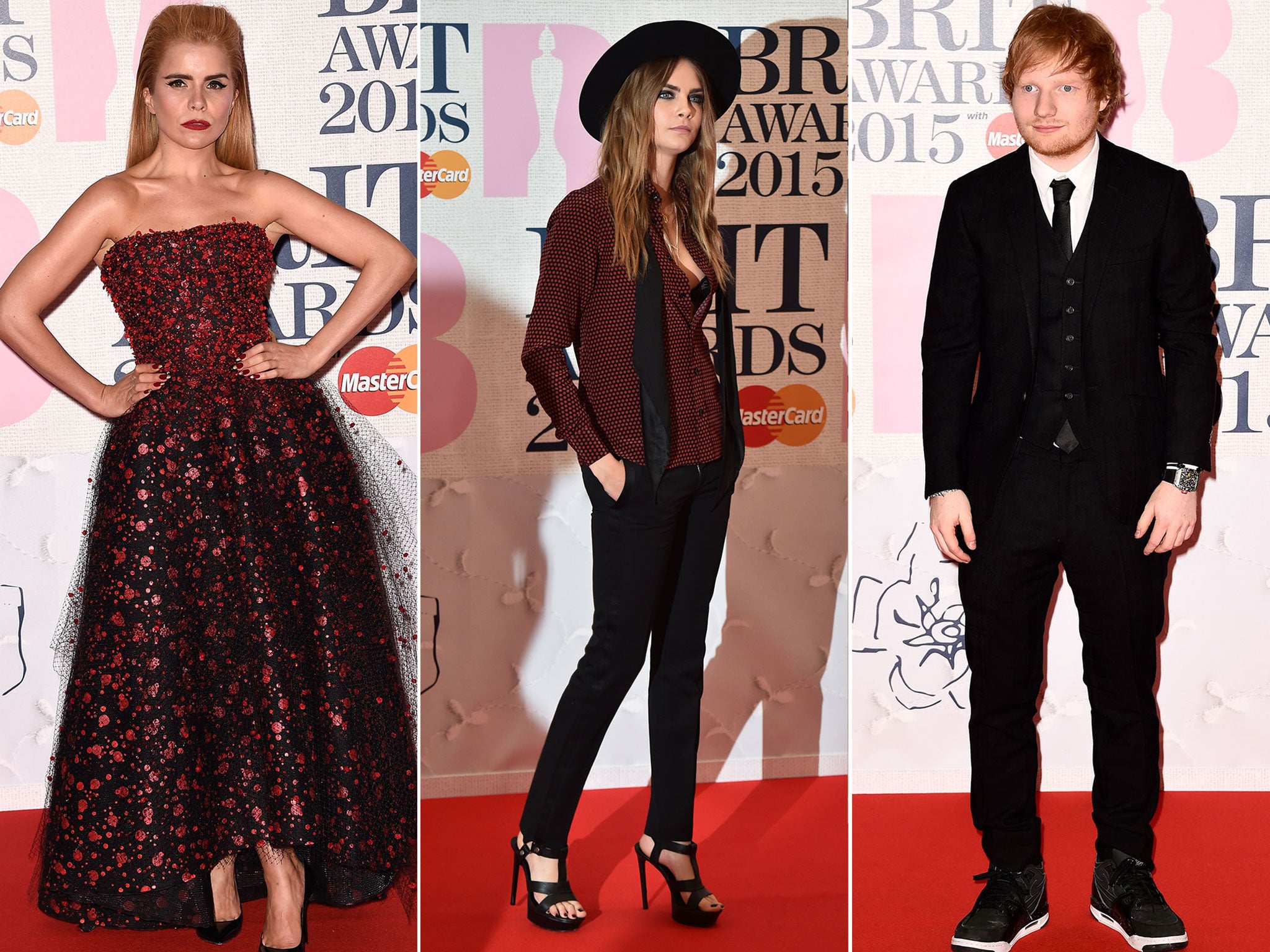 Paloma Faith, Cara Delevingne and Ed Sheeran at the Brit Awards 2015