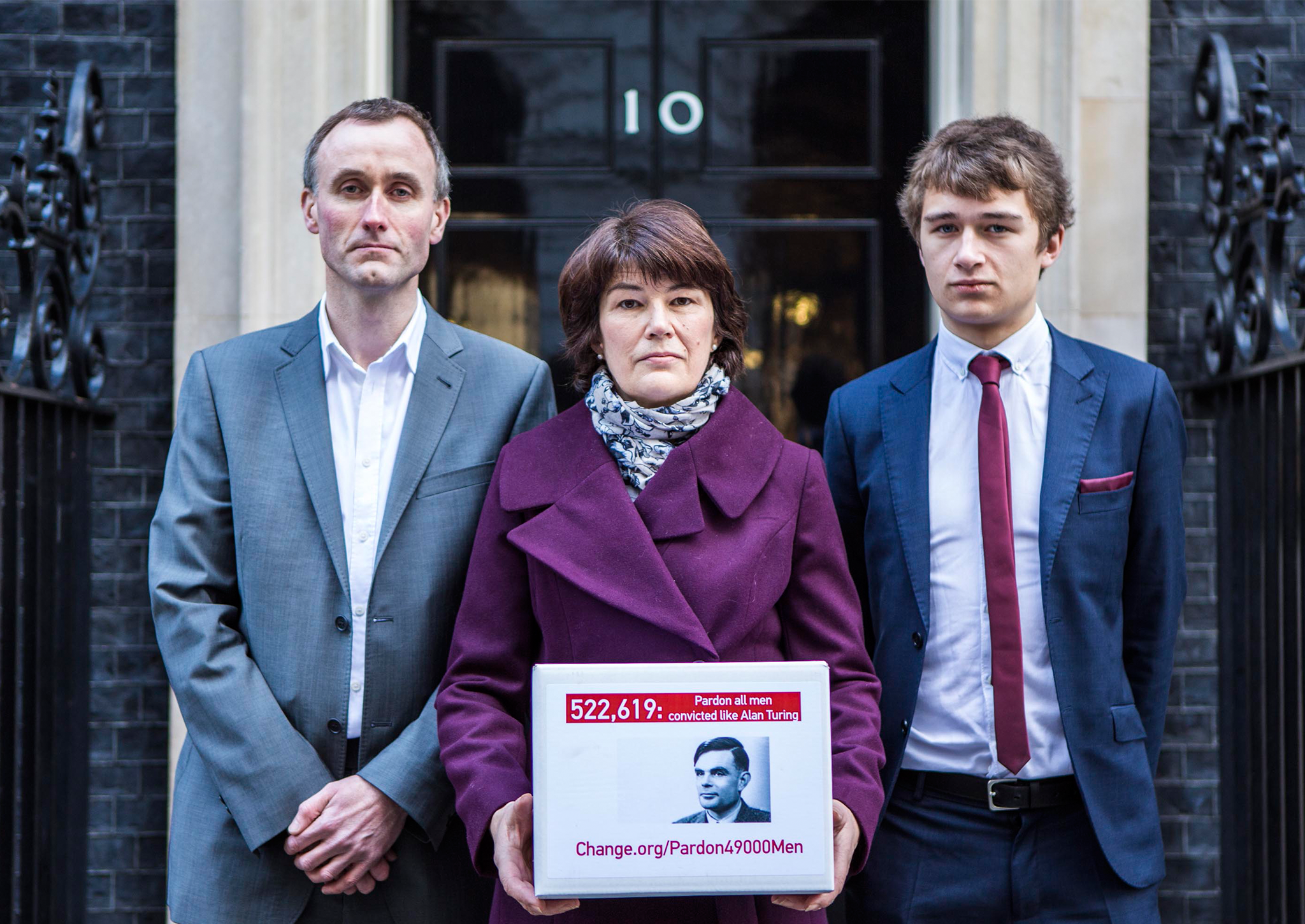 The family of Alan Turing deliver the change.org petition to Downing Street signed by almost half a million people calling for more than 49,000 British gay men convicted under historic anti-gay laws in the UK
