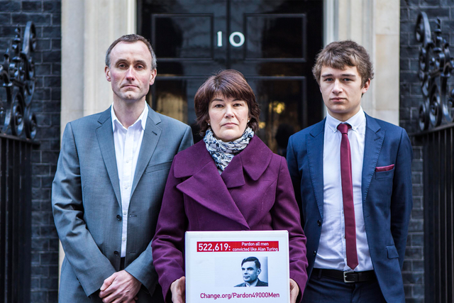 The family of Alan Turing deliver the change.org petition to Downing Street signed by almost half a million people calling for more than 49,000 British gay men convicted under historic anti-gay laws in the UK
