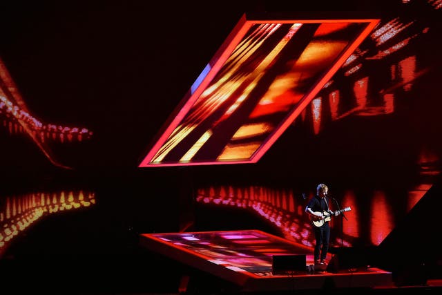 Ed Sheeran performs during the BRIT music awards at the O2 Arena in Greenwich, London  