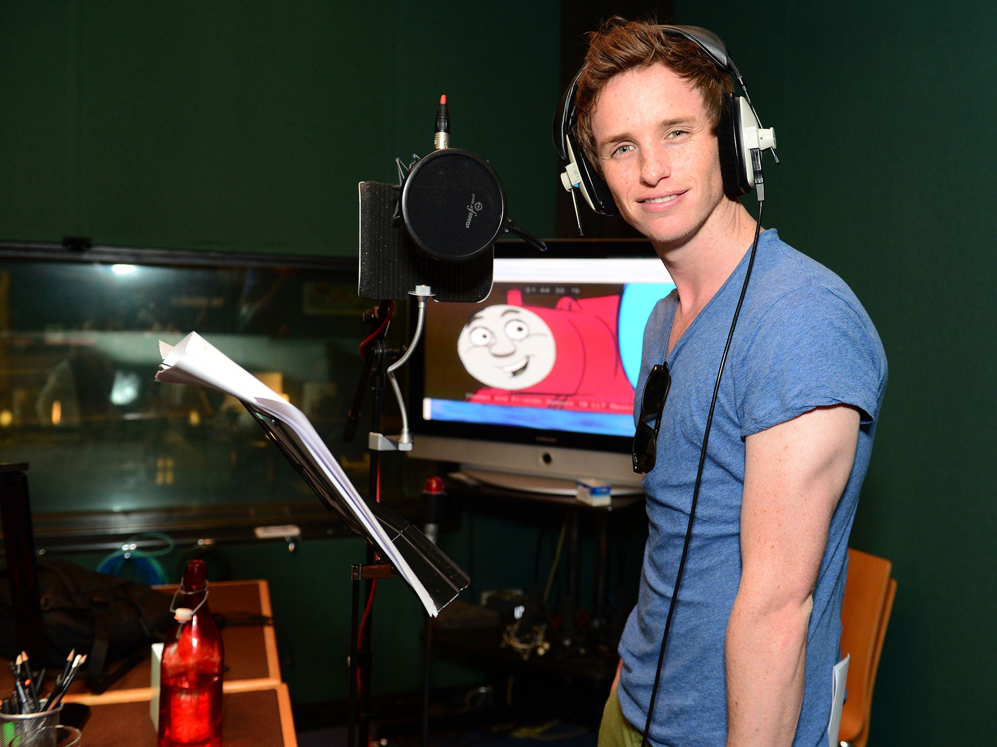 Eddie Redmayne in the recording studio to voice the character of Ryan in the new Thomas the Tank Engine film