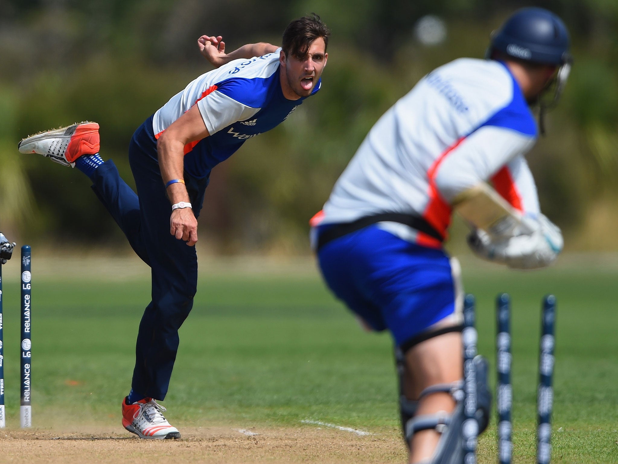 Steve Finn bowls during an England nets session at Karori Park on Thursday