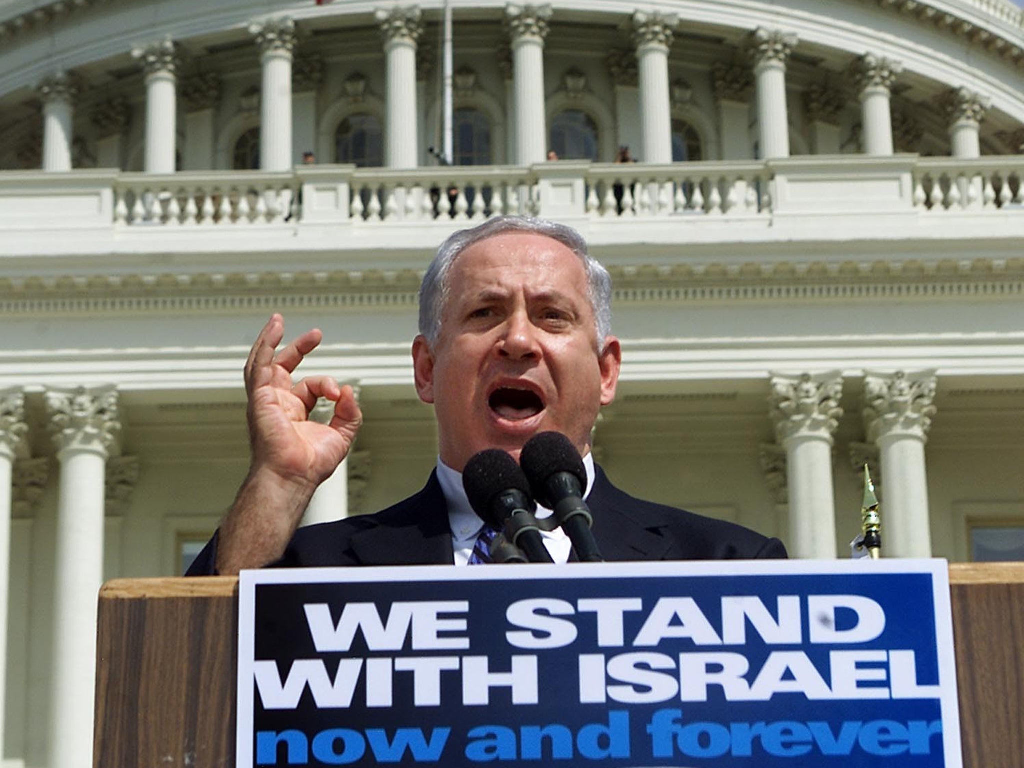Benjamin Netanyahu, pictured at a pro-Israel rally in Washington in 2002, is accused of jeopardising relations with the US