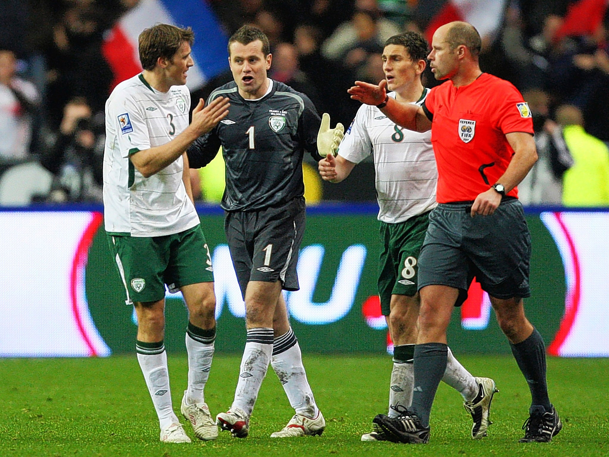 Republic of Ireland players protest in Paris in November 2009 after Thierry Henry handled the ball in the build-up to France’s winner in the World Cup play-off