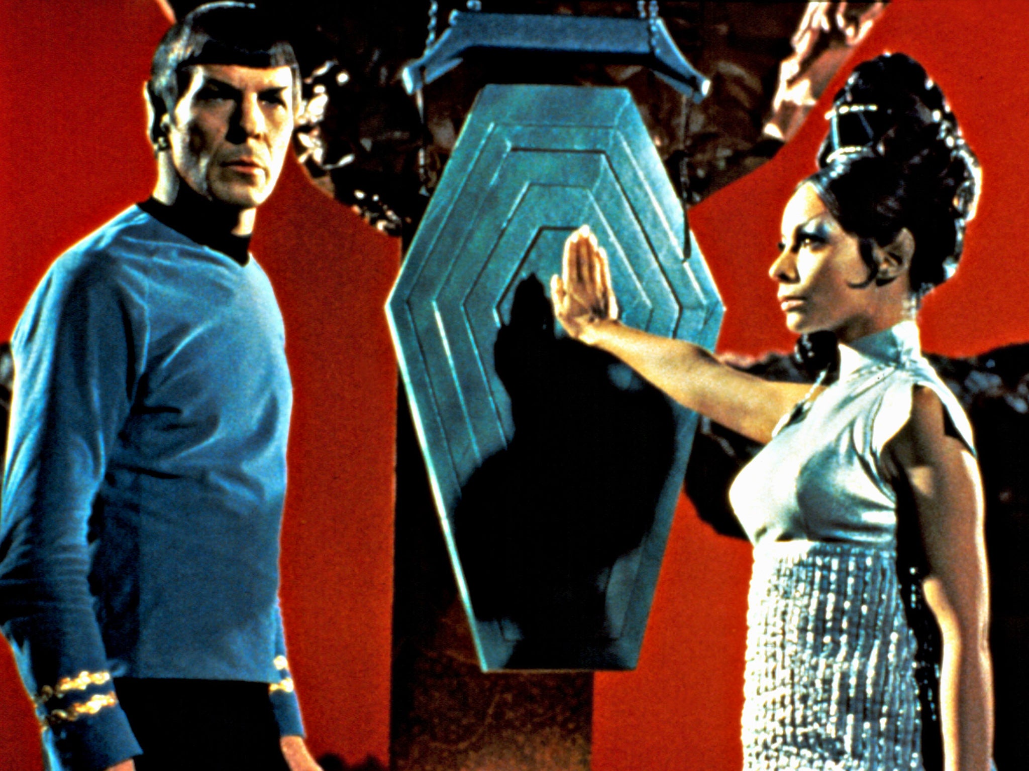 Leonard Nimoy (as Spock) and Arlene Martel in an episode of 'Star Trek', 1967.