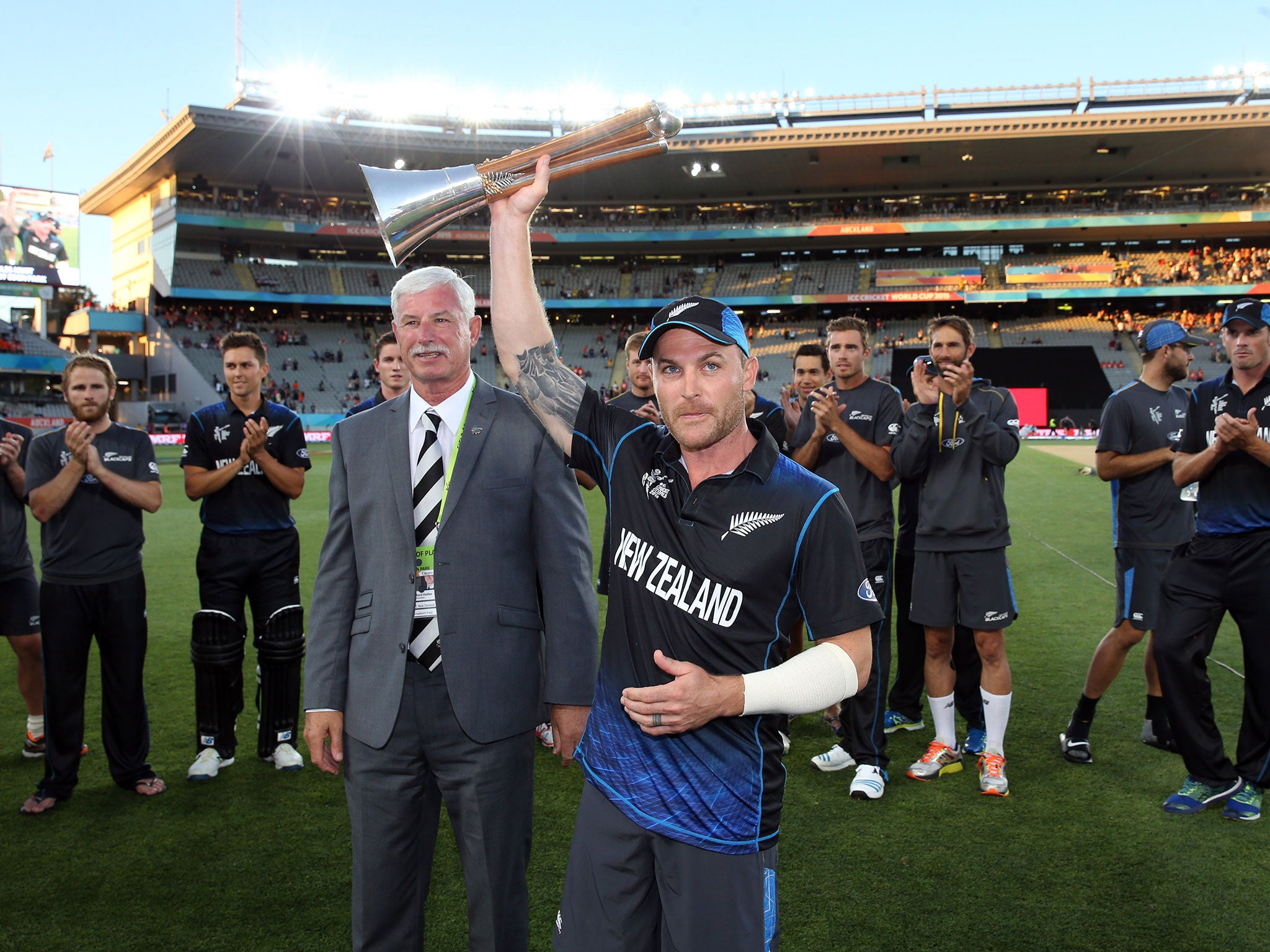Brendan McCullum lifts the Chappell-Hadlee Trophy after New Zealand defeated Australia