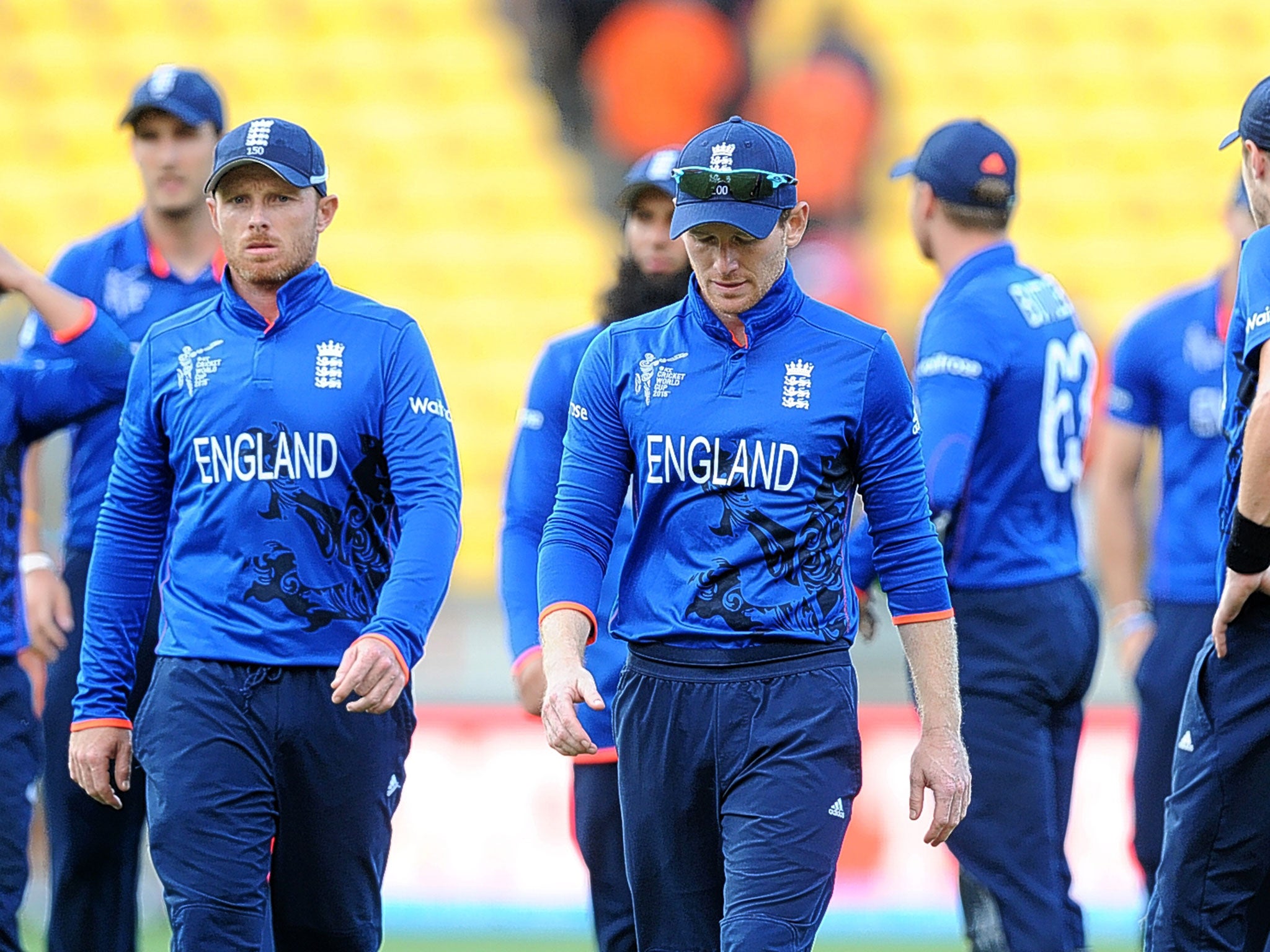 England captain Eoin Morgan leads his team from the field after their humiliating defeat to Sri Lanka