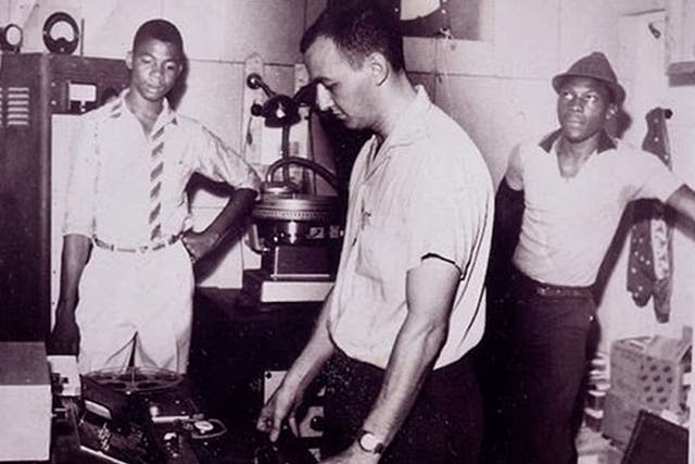 Owen Gray, Graeme Goodall (centre) and Clement 'Sir Coxsone' Dodd at Federal studio, Jamaica 