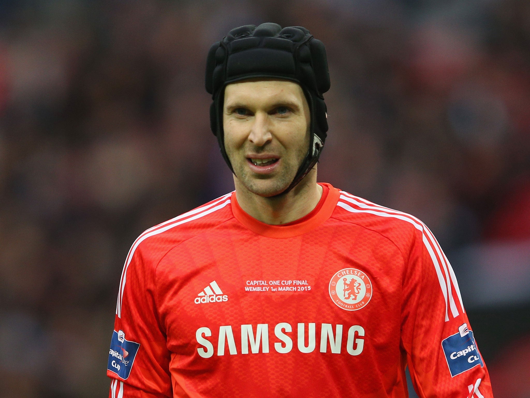 Petr Cech in action for Chelsea during the Capital One Cup final