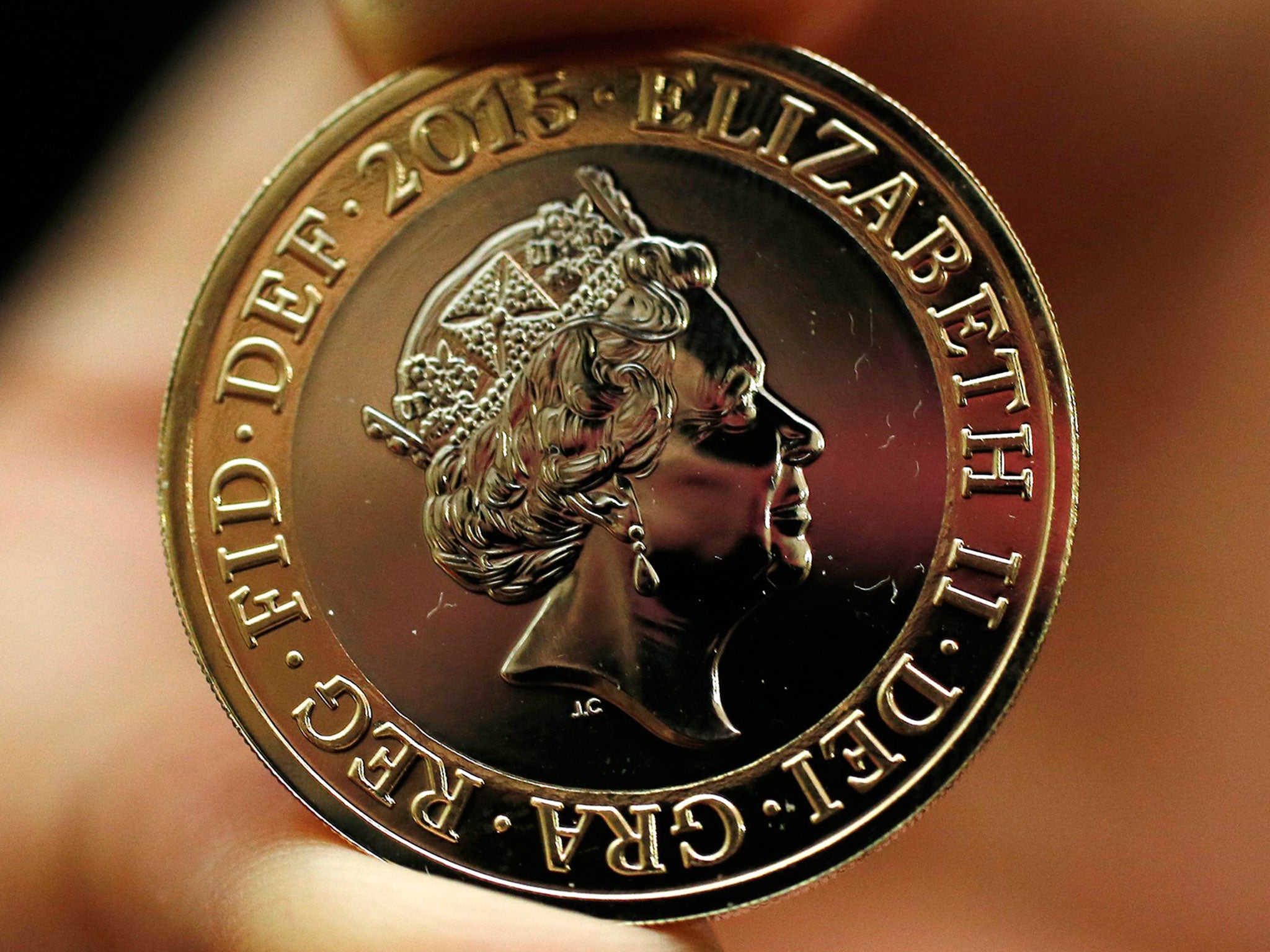 A 2-pound coin with the new portrait of Britain's Queen Elizabeth