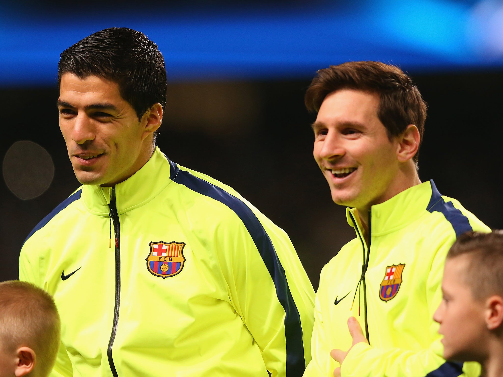 Luis Suarez and Lionel Messi ahead of their Champions League tie with Manchester City at the Etihad