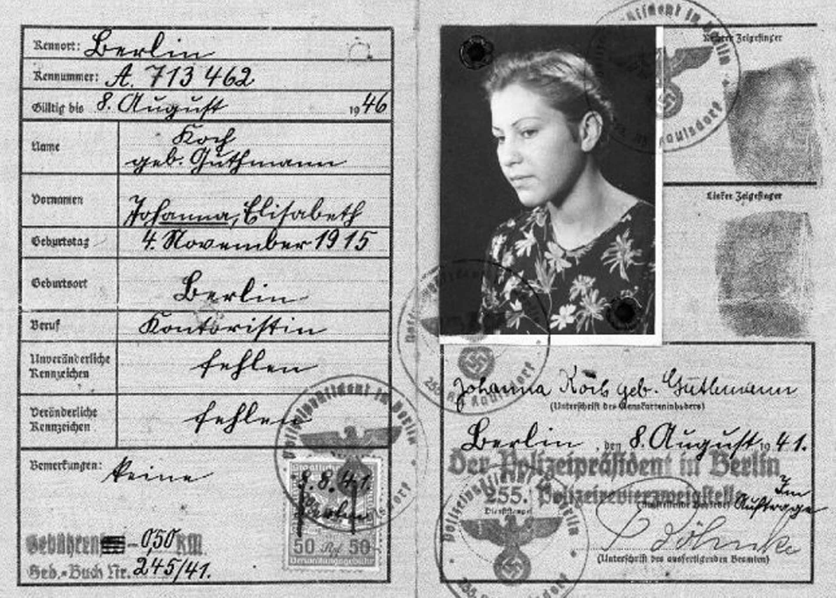 Marie had fake ID, in the name of Johanna Koch, after she evaded capture by the Nazis in wartime Berlin