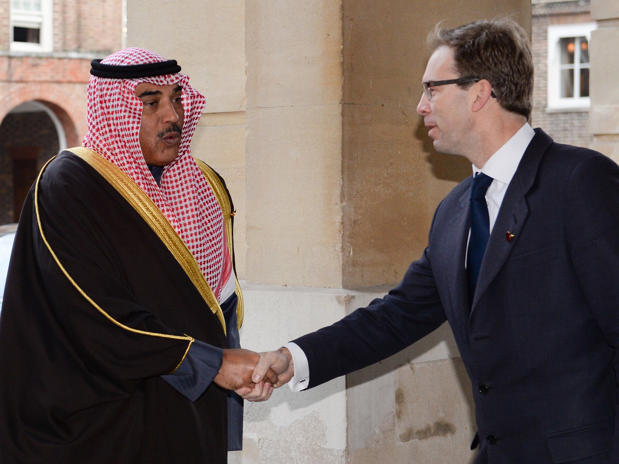 Foreign Office minister Tobias Ellwood, right, greets Kuwaiti Foreign Minister Sheikh Sabah Khaled al-Sabah at a meeting with members of an anti-Islamic State coalition (IS) at Lancaster House last month