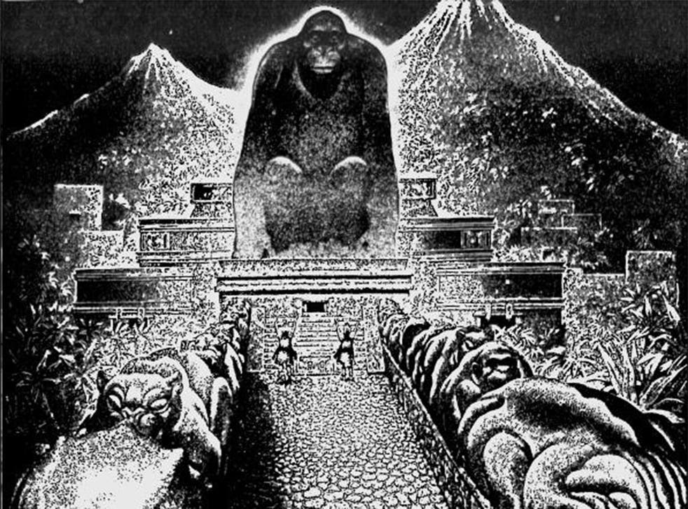 An illustration by Virgil Finlay for The American Weekly representing the Temple in Morde’s 'Lost City of the Monkey God'