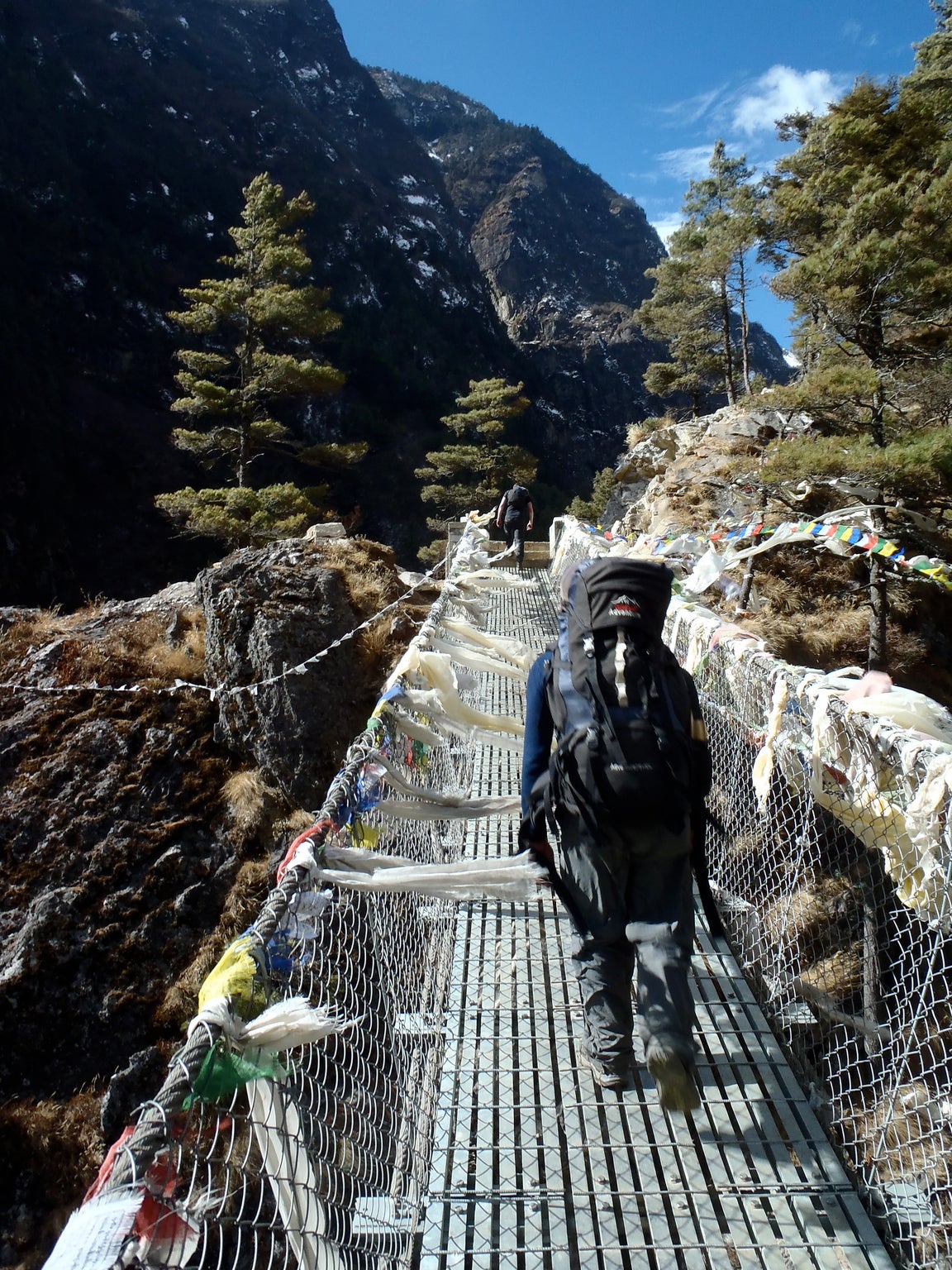 A stout bridge in the foothills, with a heavily laden Phurba on a swaying bridge