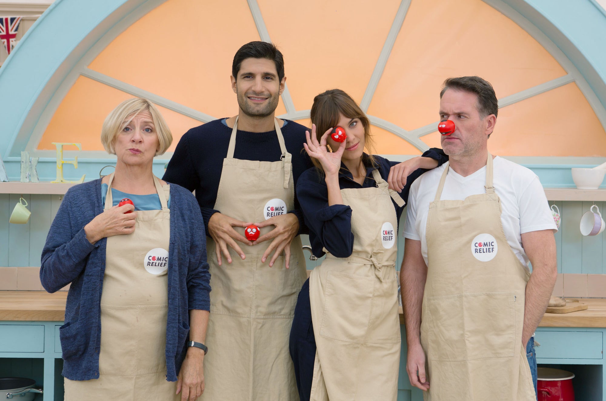 Victoria Wood, Kayvan Novak, Alexa Chung, Chris Moyles in the Bake Off tent